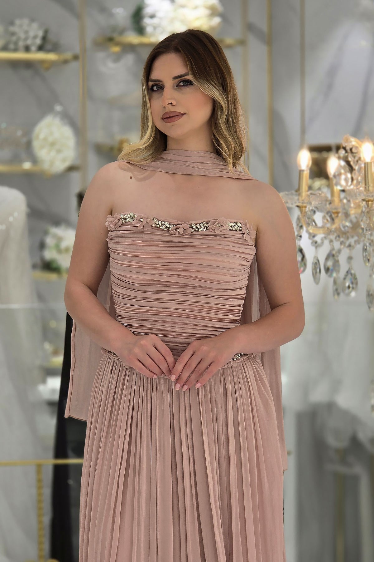 Pudra Çiçekli Taşlı Abiye 2751