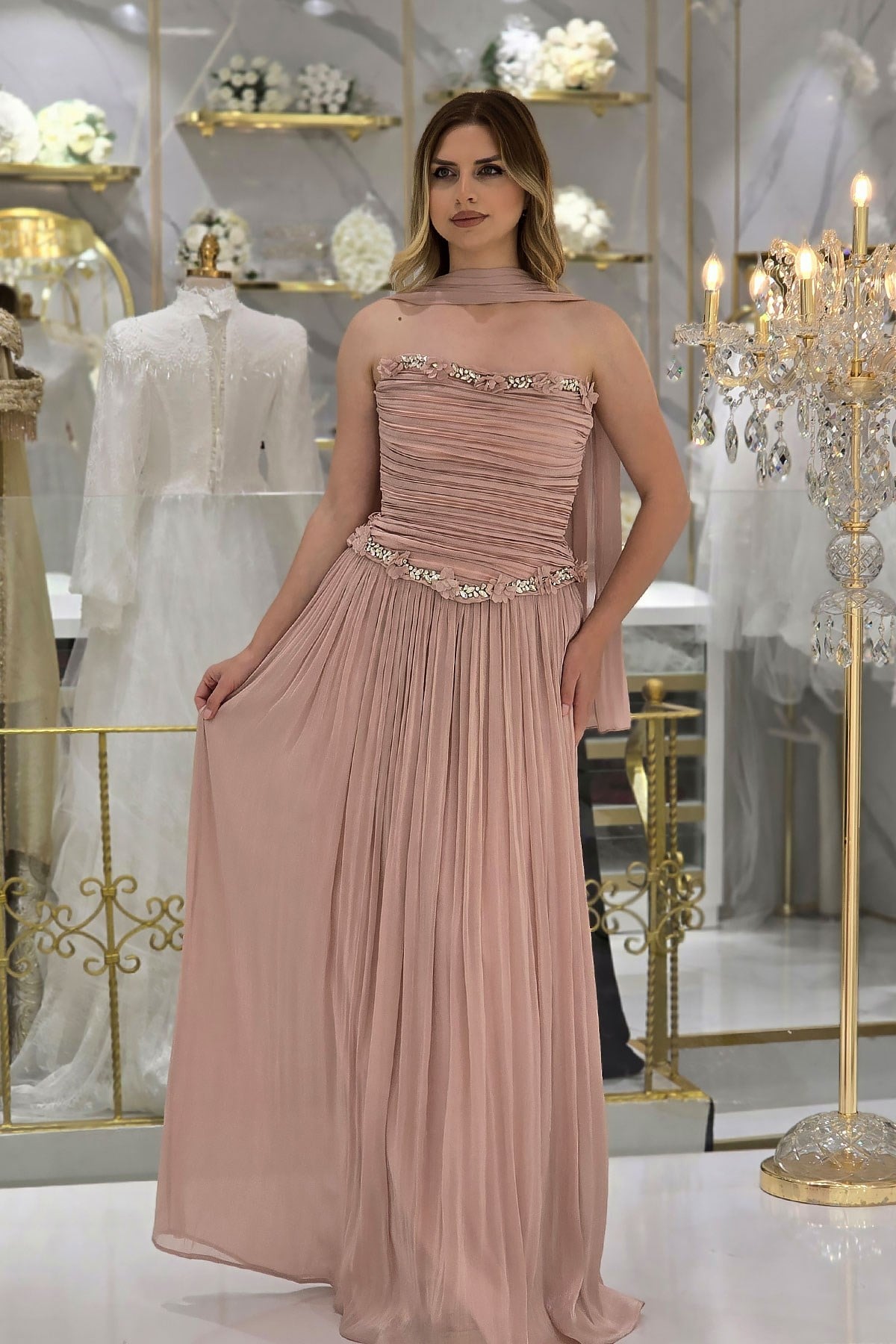 Pudra Çiçekli Taşlı Abiye 2751