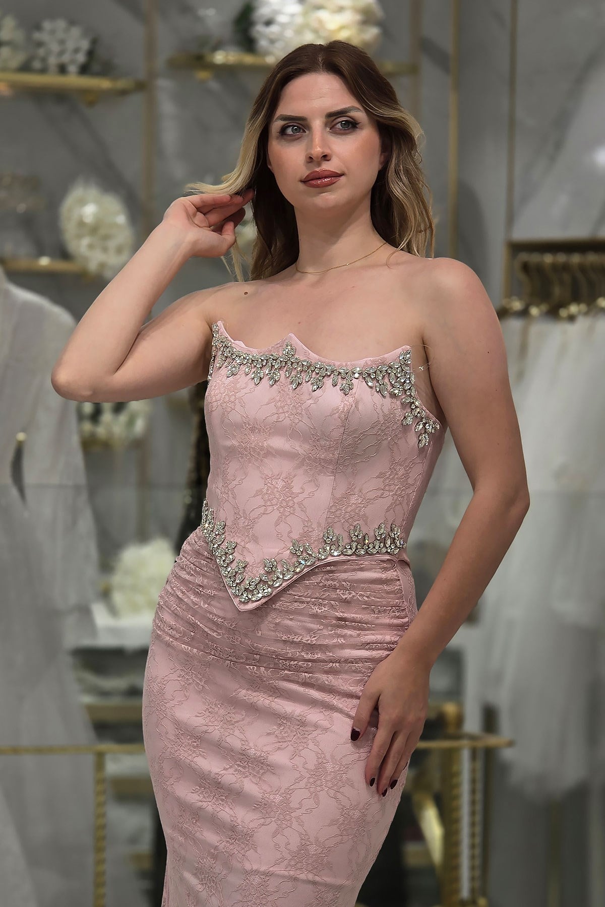 Pudra Dantel Taş Detaylı Abiye 5010