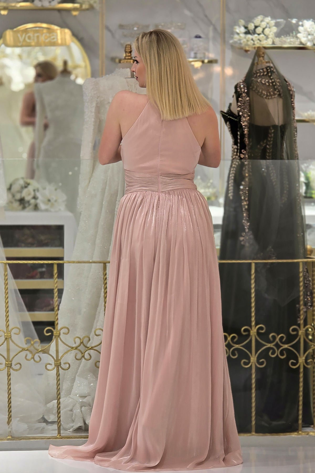 Pudra İpek Organze Halter Yaka Abiye 6882