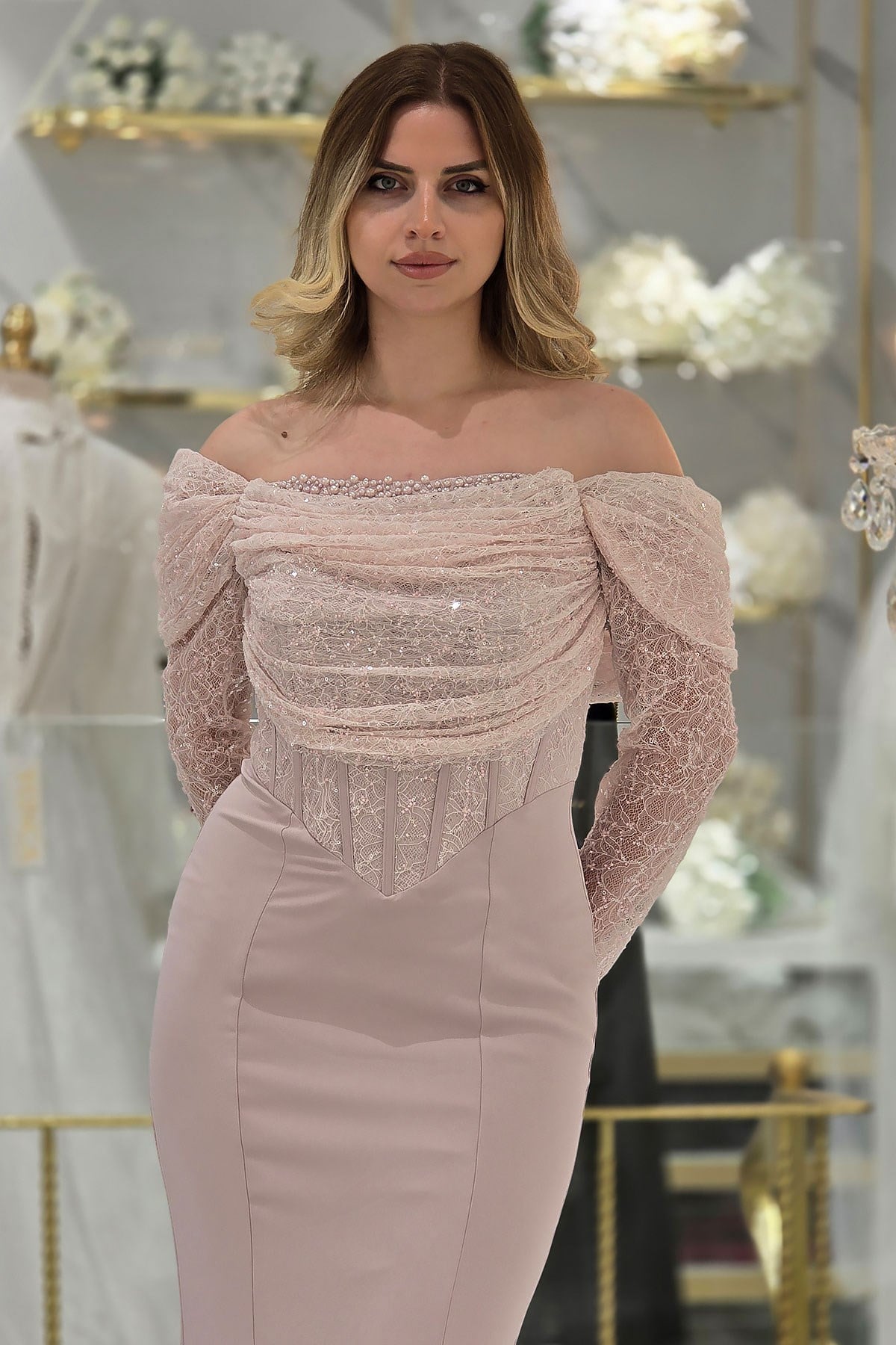 Pudra Kayık Yaka Korseli Taşlı Abiye 6695