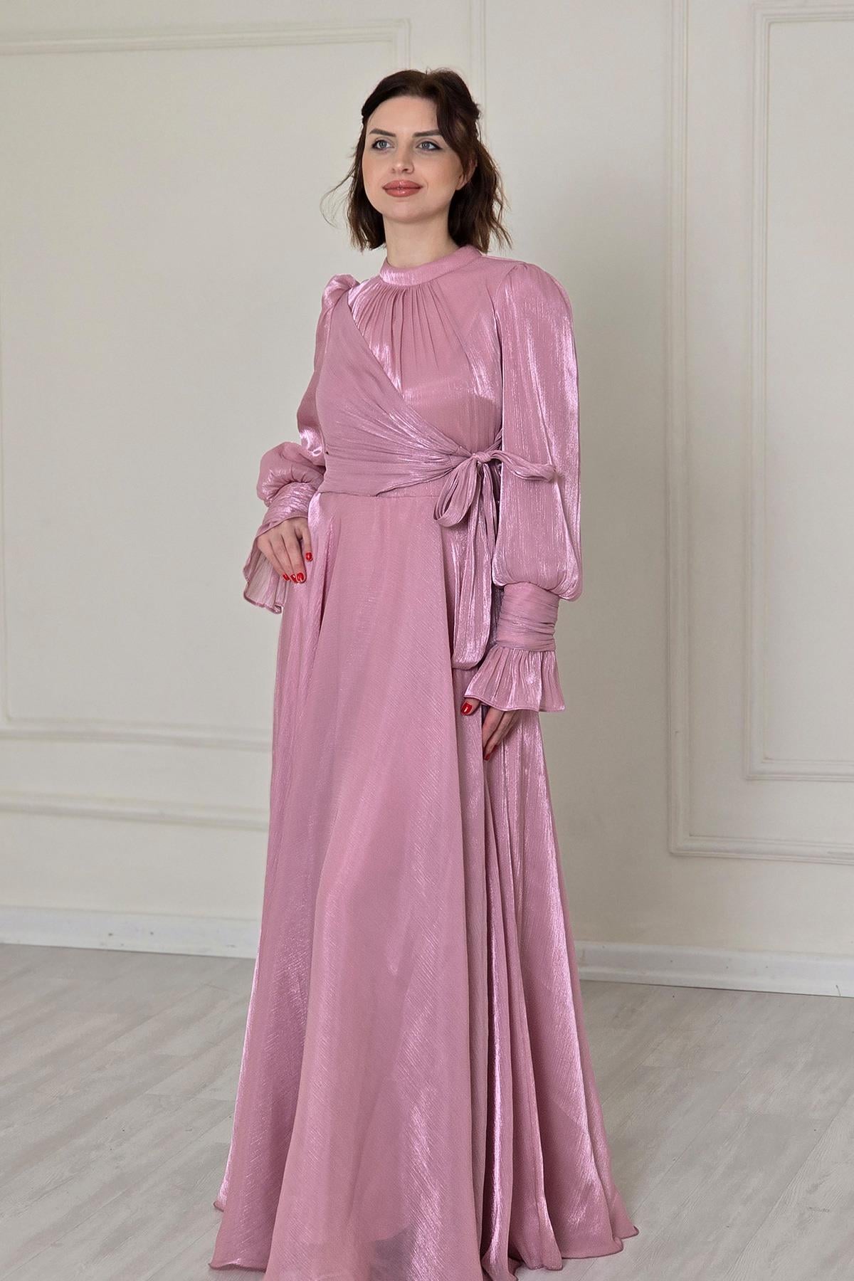 Pudra Ön Detaylı Kollar Fırfırlı Abiye 4805