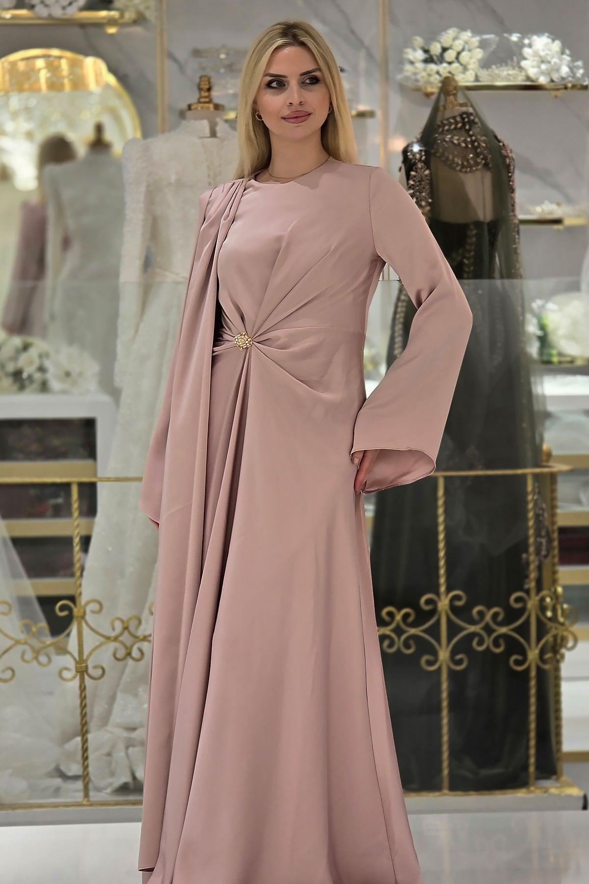 Pudra Saten Tesettür Elbise 5386