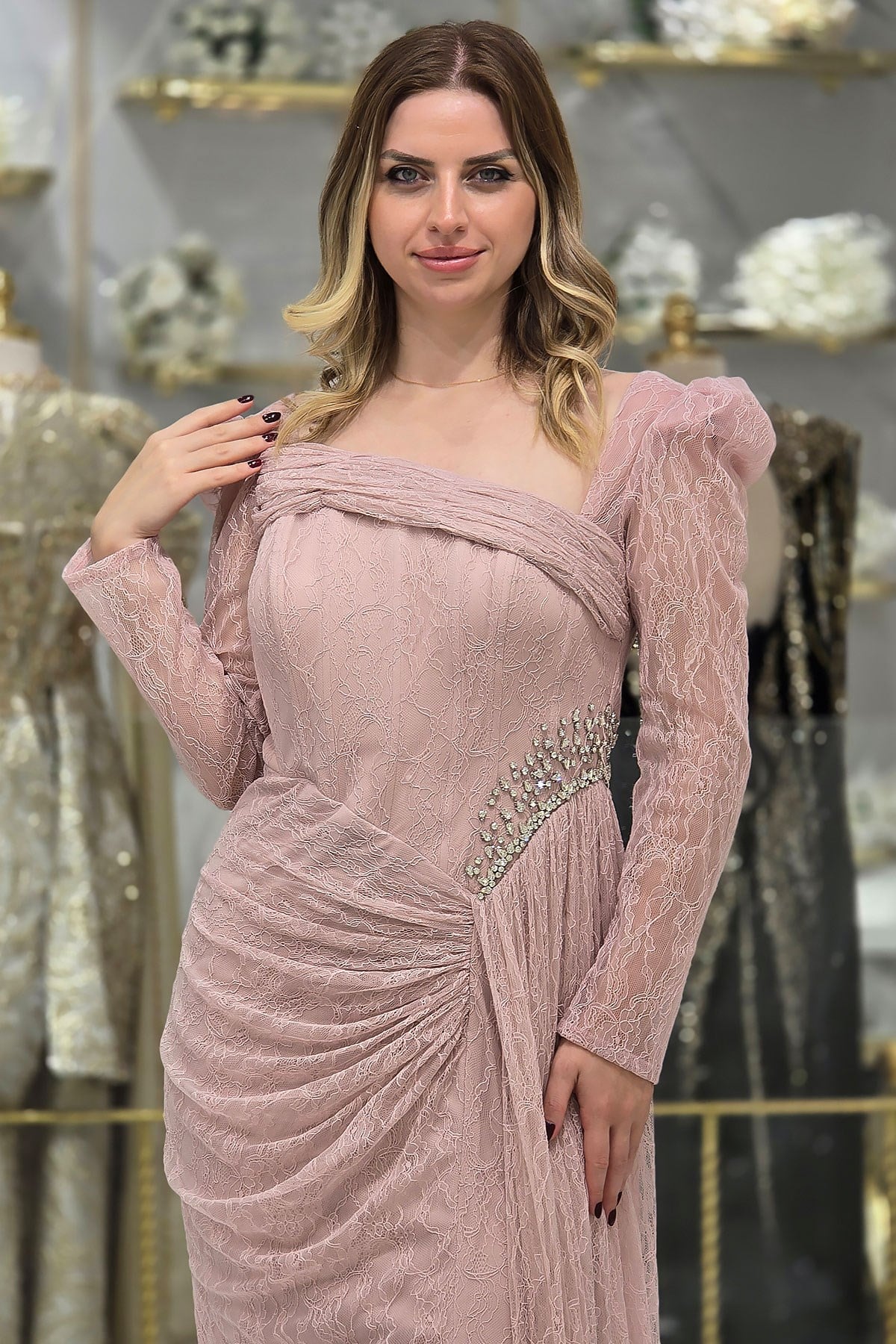 Pudra Taş Detaylı Dantel Abiye 6265