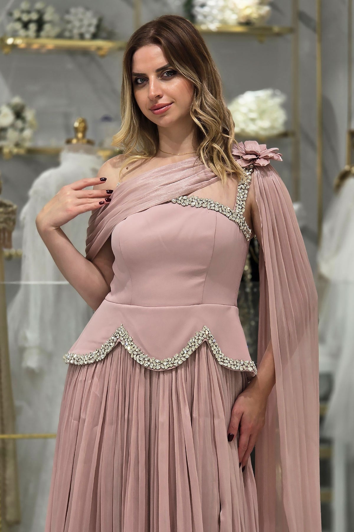 Pudra Taşlı Pelerinli Abiye 6795