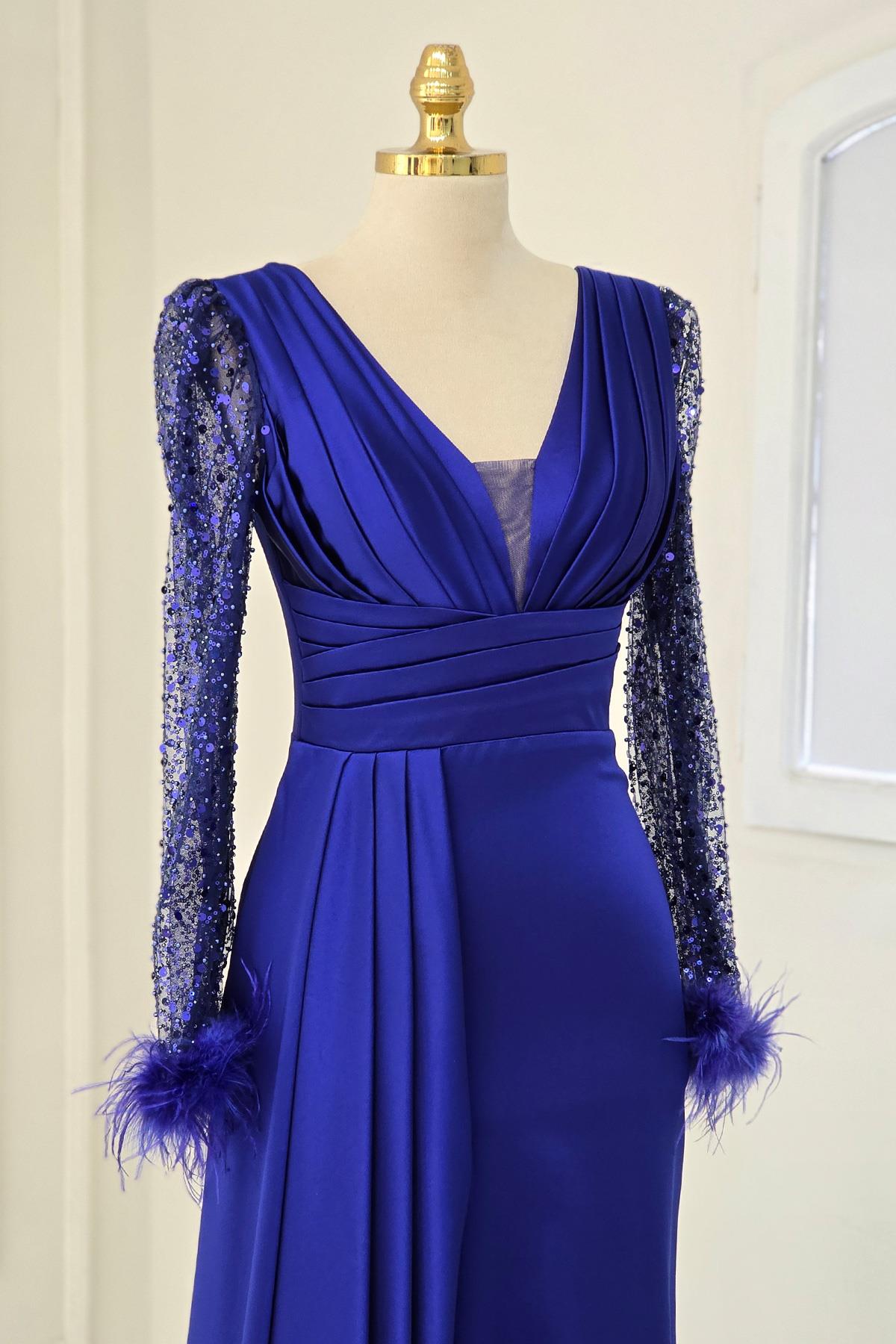 Saks Lacivert Saten Kolları Pullu Otrişli Abiye 1737