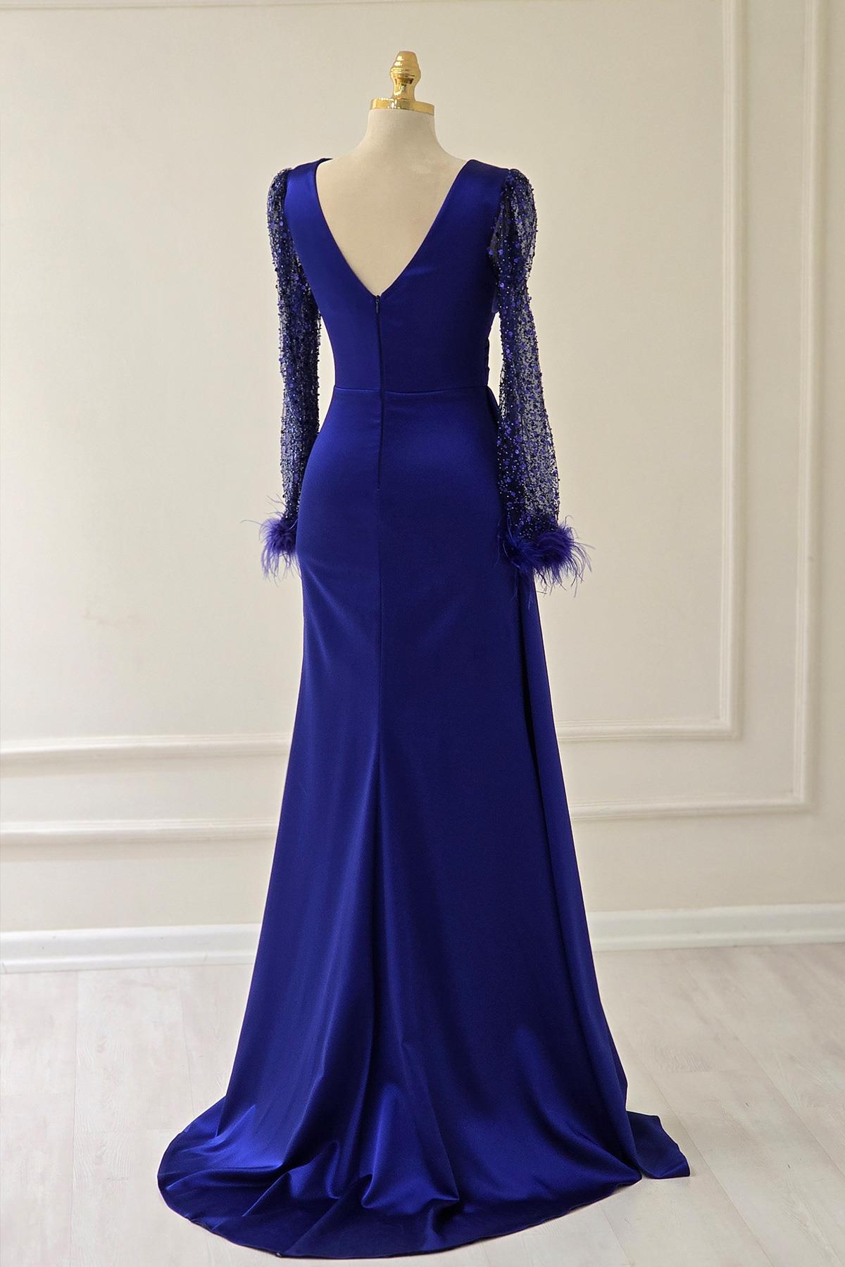Saks Lacivert Saten Kolları Pullu Otrişli Abiye 1737
