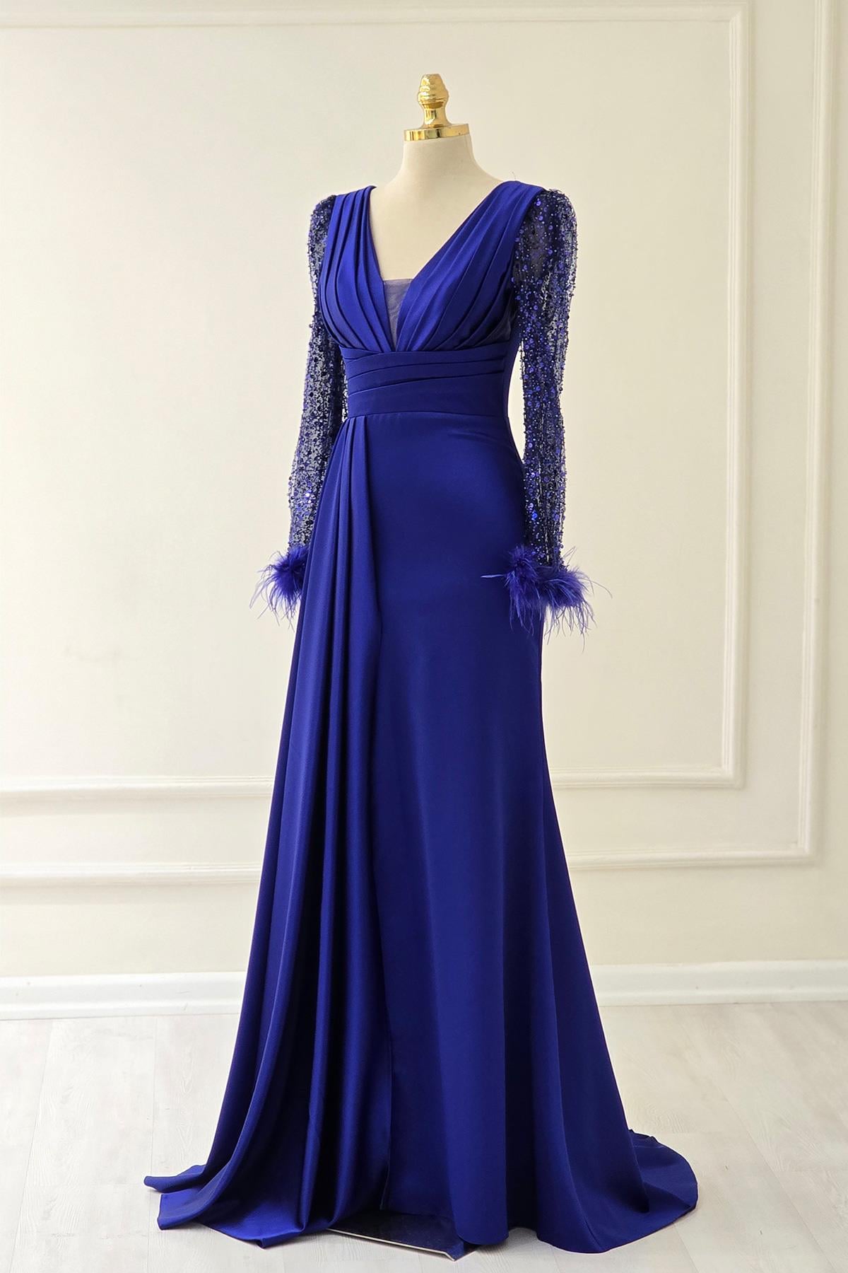 Saks Lacivert Saten Kolları Pullu Otrişli Abiye 1737