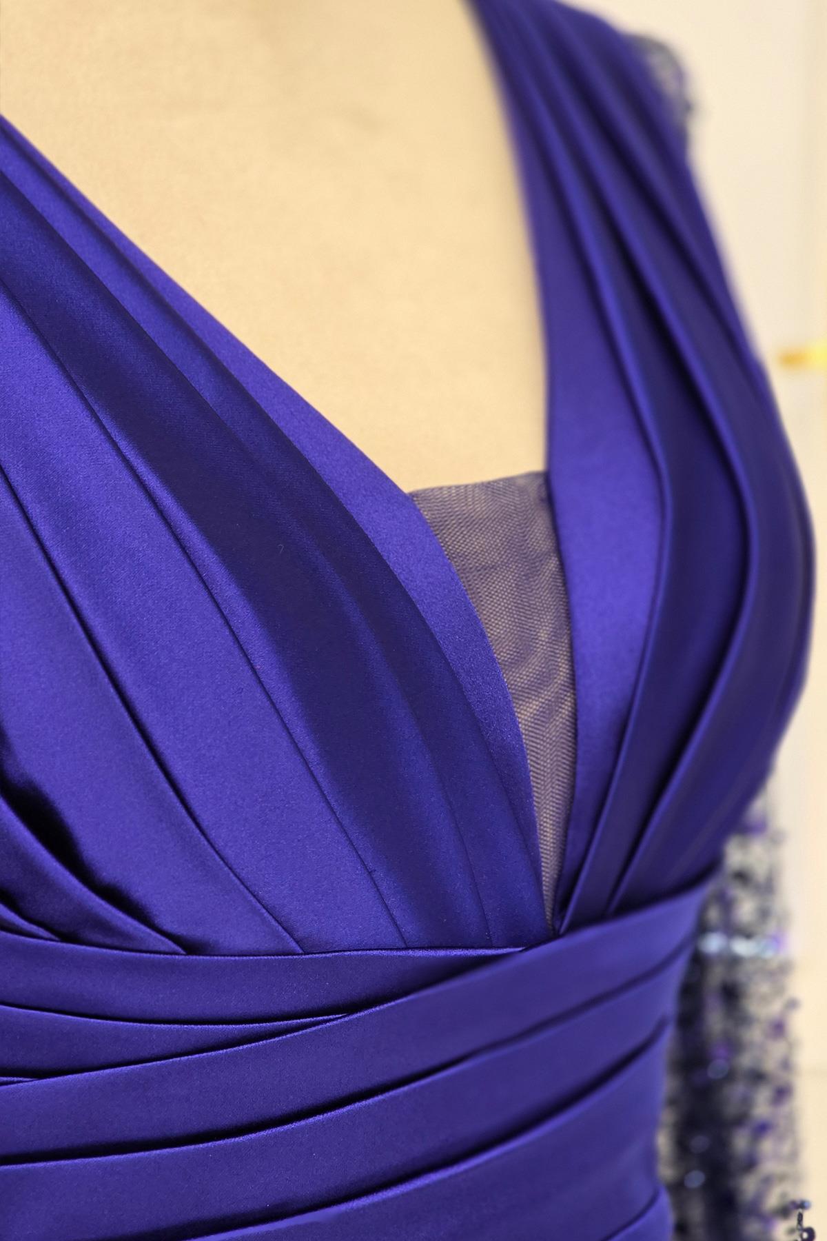 Saks Lacivert Saten Kolları Pullu Otrişli Abiye 1737