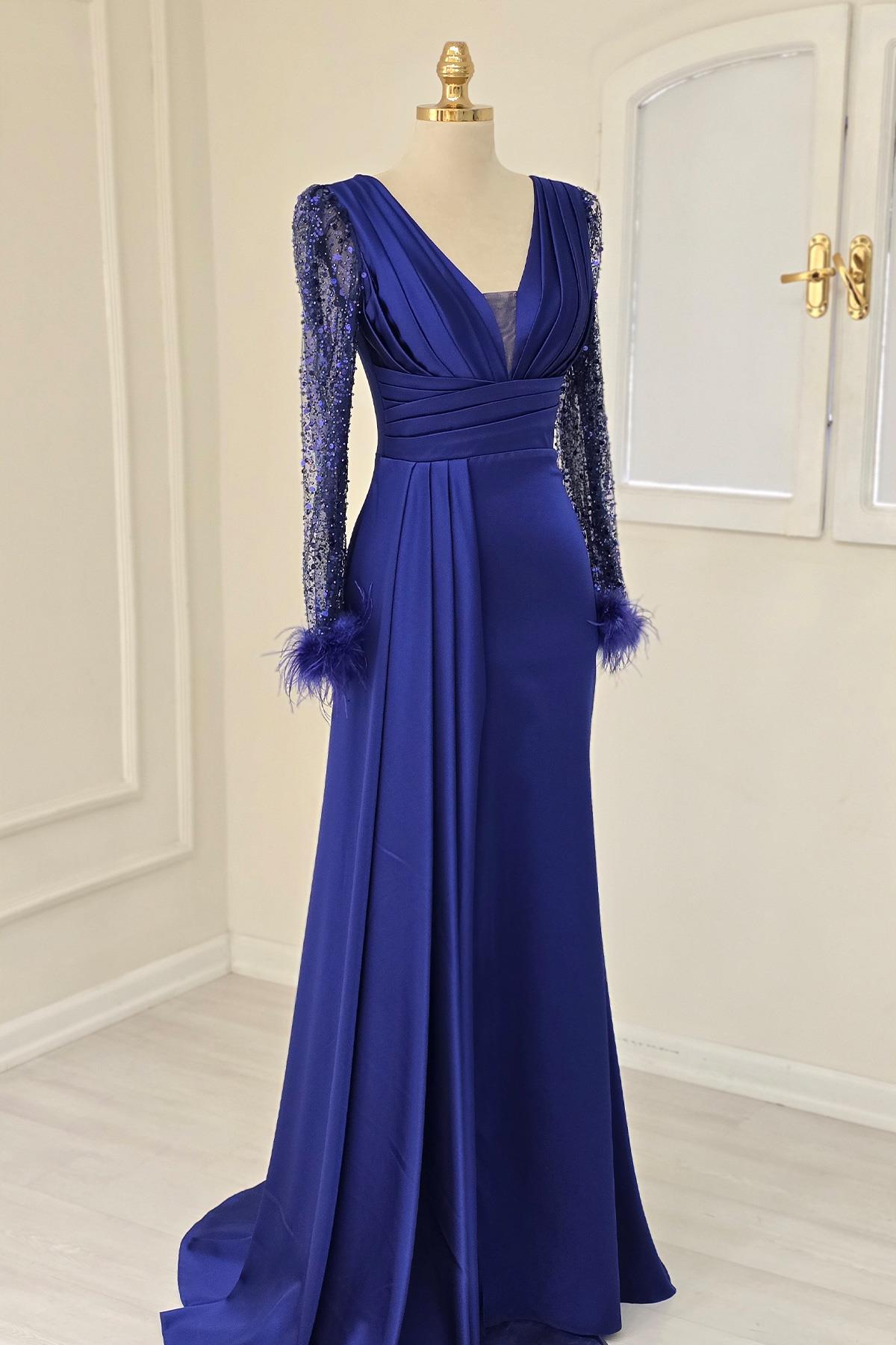 Saks Lacivert Saten Kolları Pullu Otrişli Abiye 1737