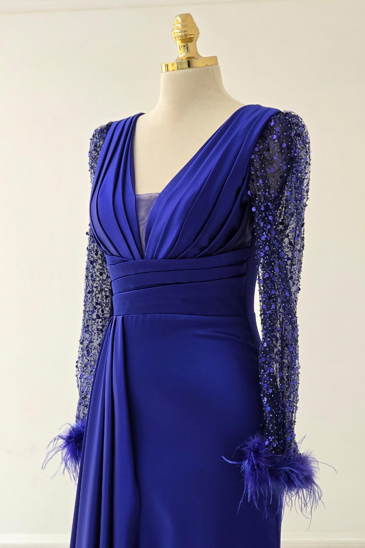 Saks Lacivert Saten Kolları Pullu Otrişli Abiye 1737