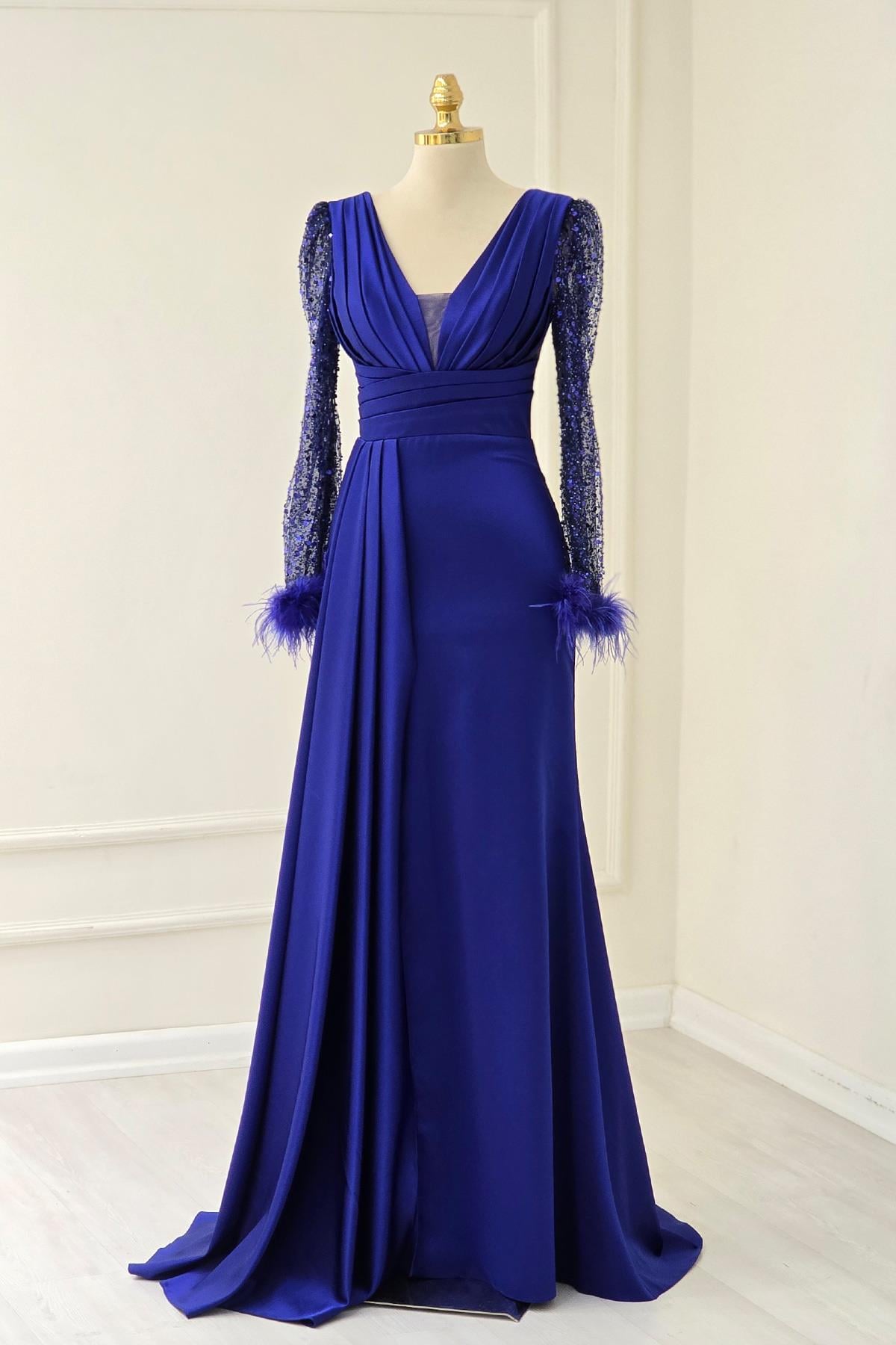 Saks Lacivert Saten Kolları Pullu Otrişli Abiye 1737