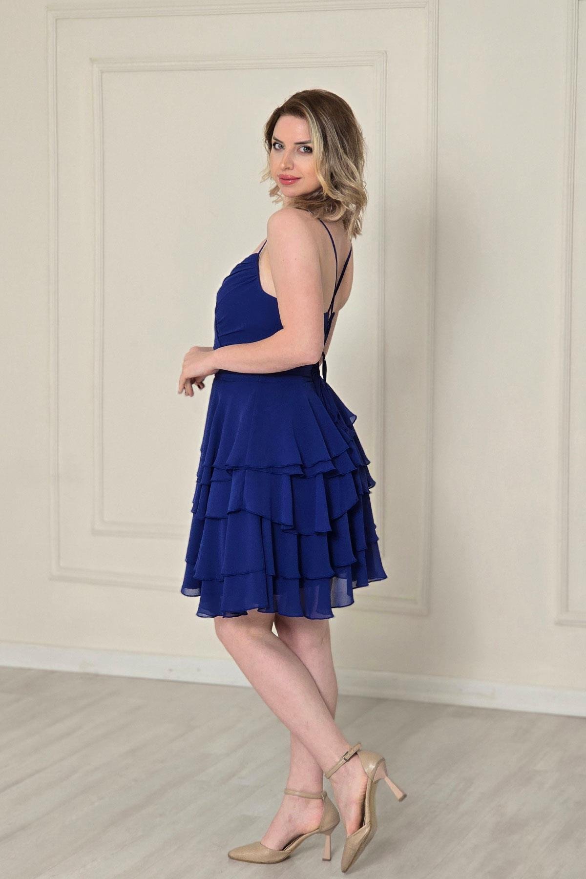 Saks Lacivert Volanlı Kısa Abiye 4657