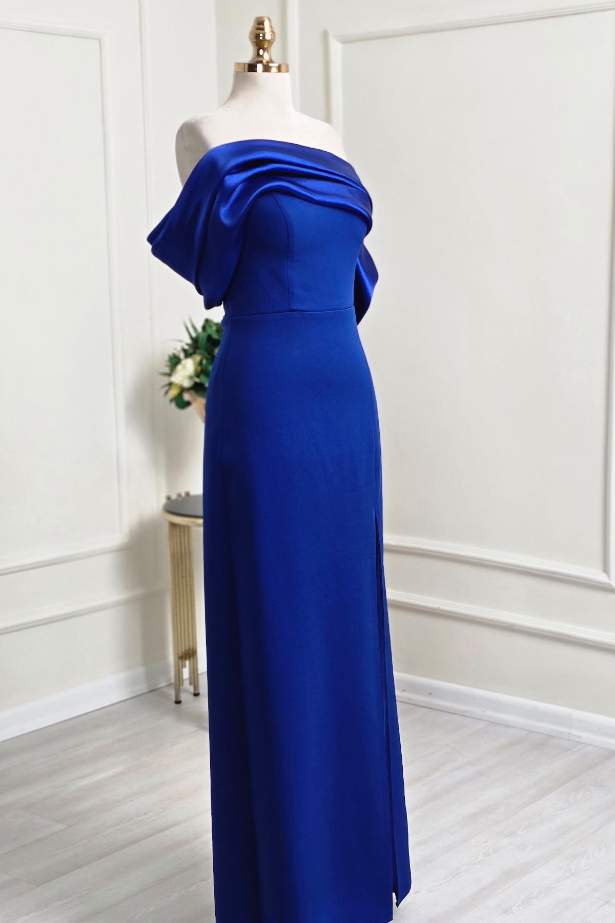 Saks Mavi Asimetrik Krep Elbise 6589