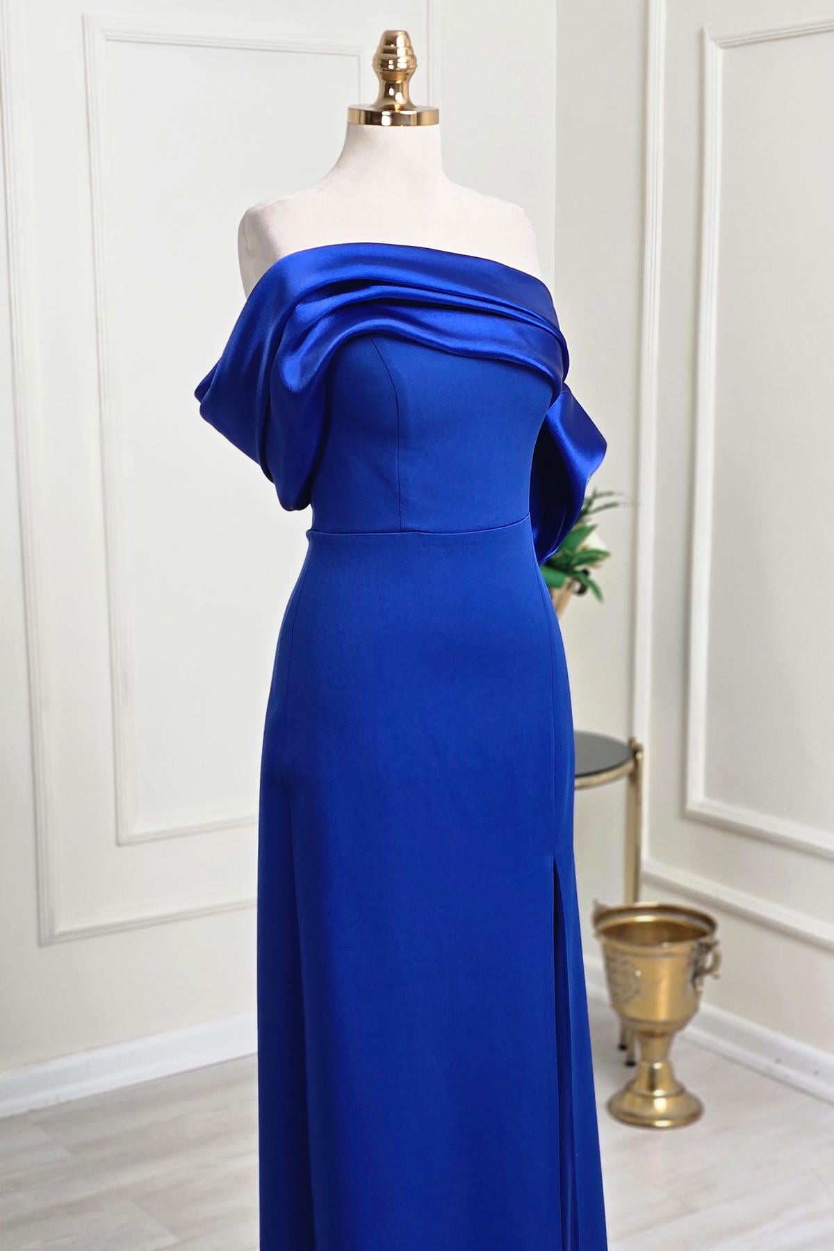 Saks Mavi Asimetrik Krep Elbise 6589