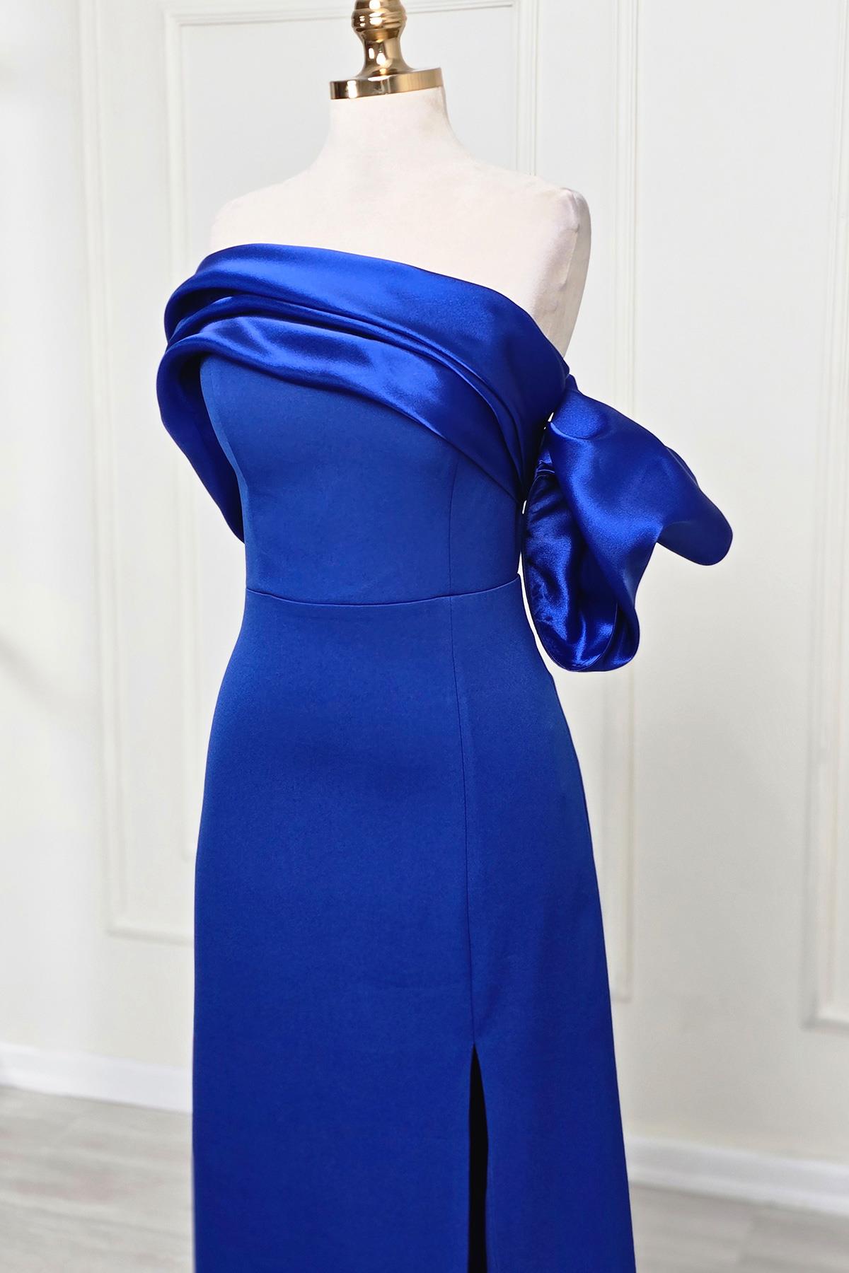 Saks Mavi Asimetrik Krep Elbise 6589