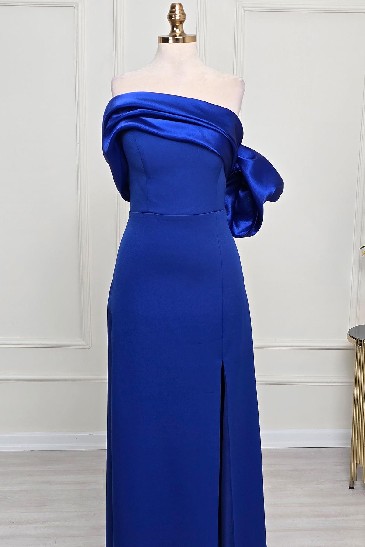 Saks Mavi Asimetrik Krep Elbise 6589