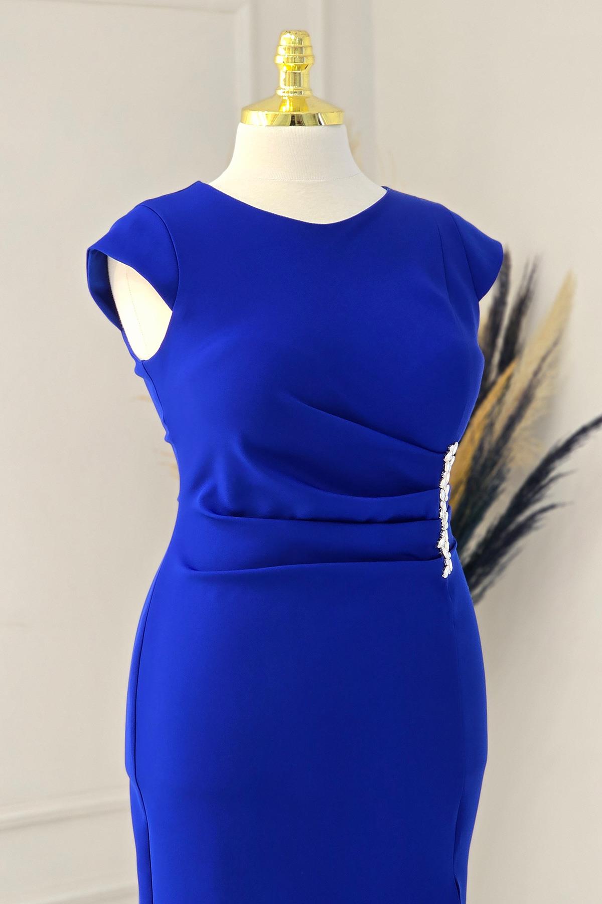 Saks Mavi Beli Taşlı B.Beden Midi Abiye 8335