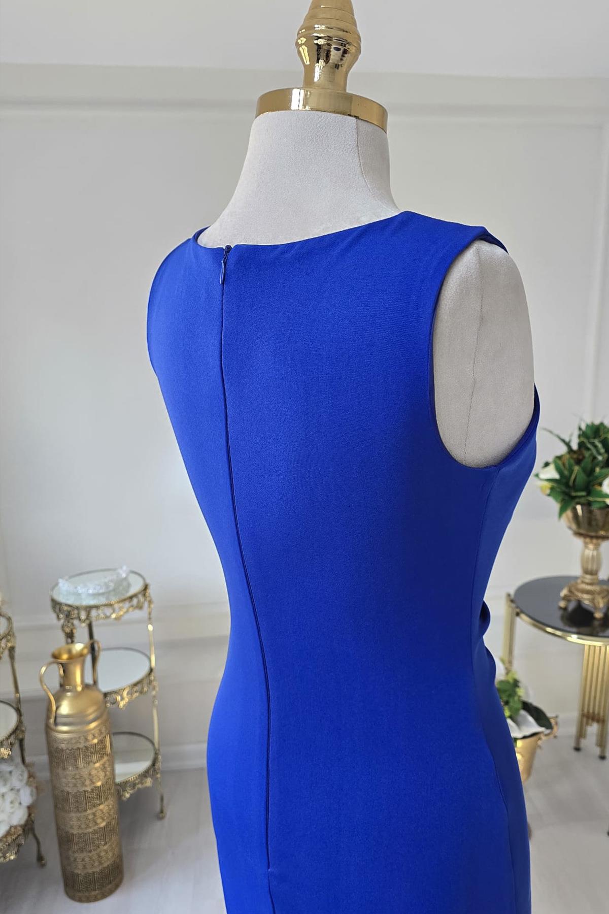 Saks Mavi Beli Taşlı Otrişli Elbise 8276