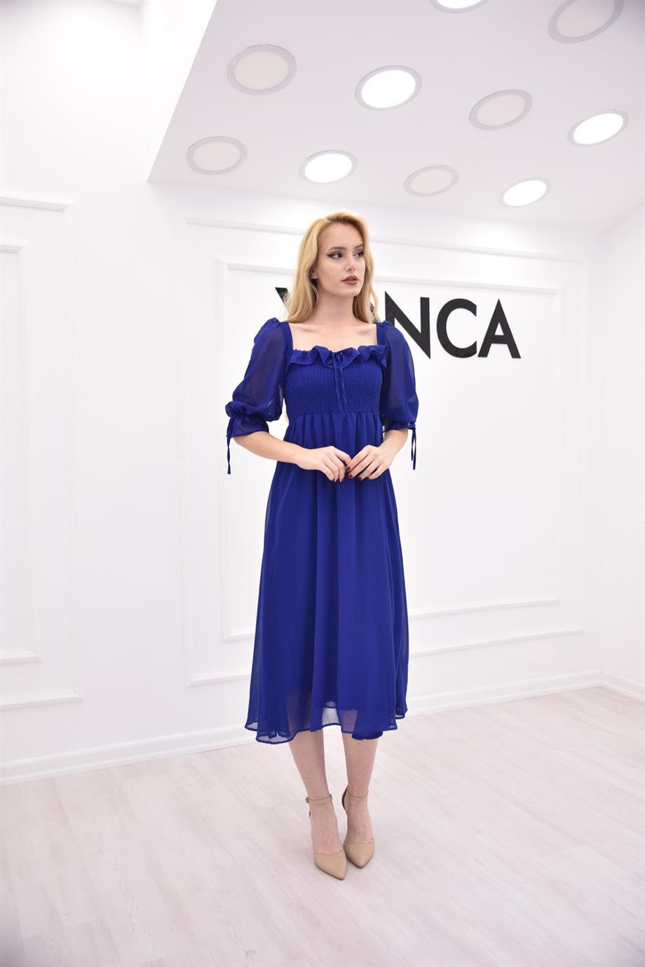 Saks Mavi Madonna Yaka Elbise 3943