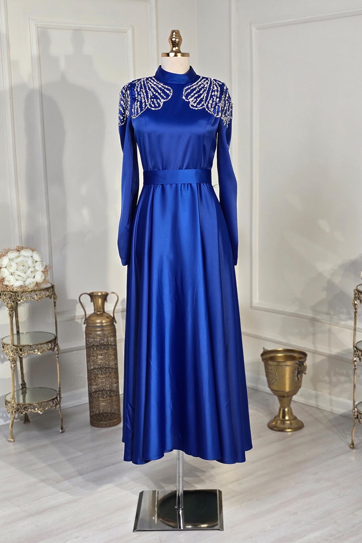 Saks Mavi Saten Çiçek Taşlı Elbise 4617