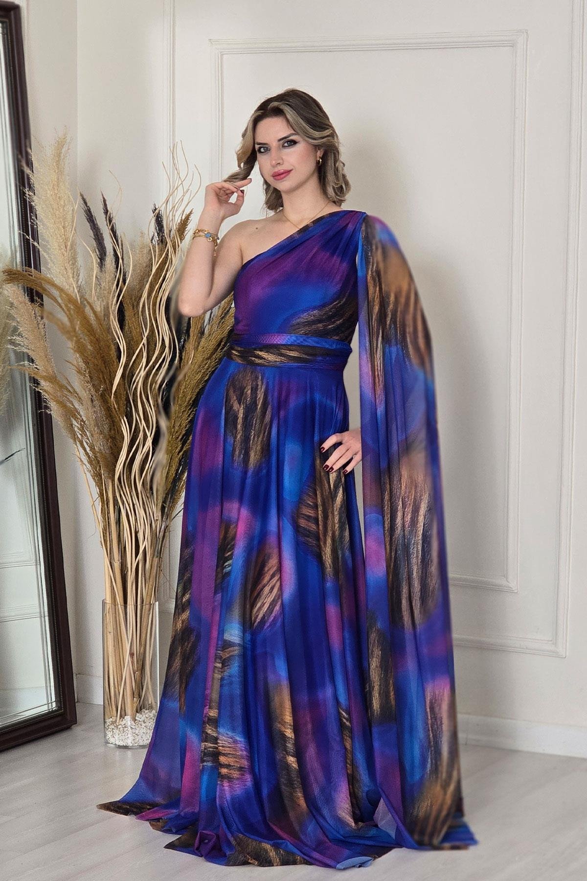 Saks Mavi Tek Omuz Desenli Abiye 7280