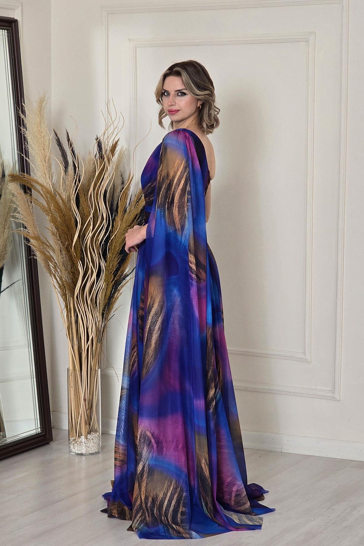 Saks Mavi Tek Omuz Desenli Abiye 7280