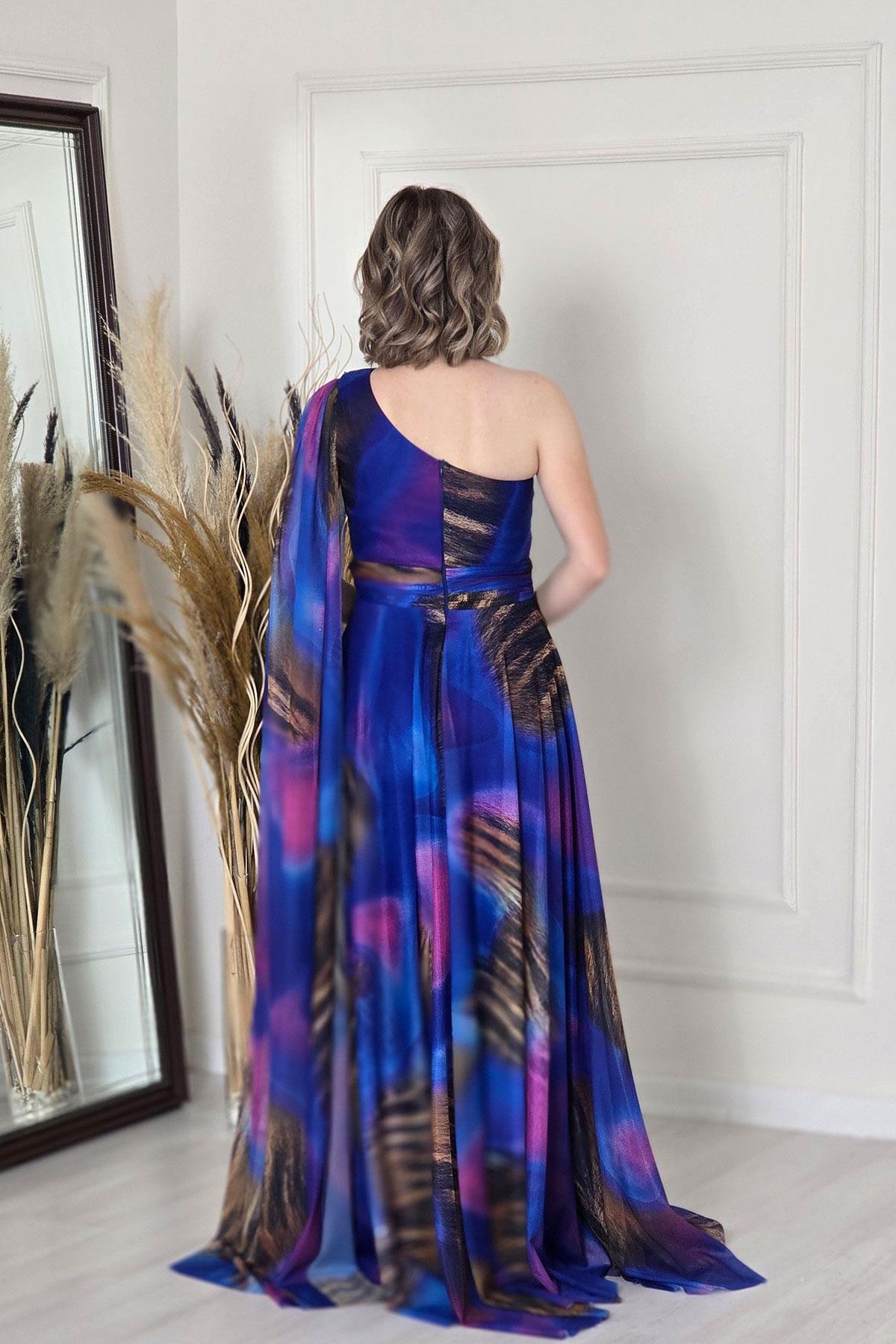 Saks Mavi Tek Omuz Desenli Abiye 7280