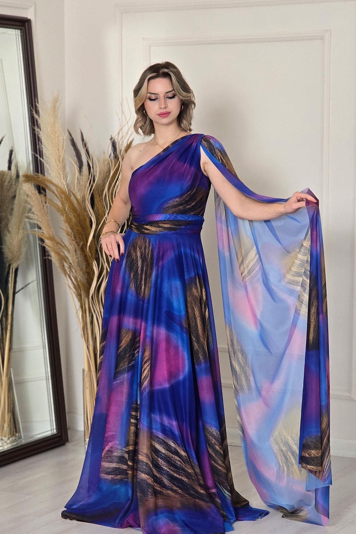 Saks Mavi Tek Omuz Desenli Abiye 7280