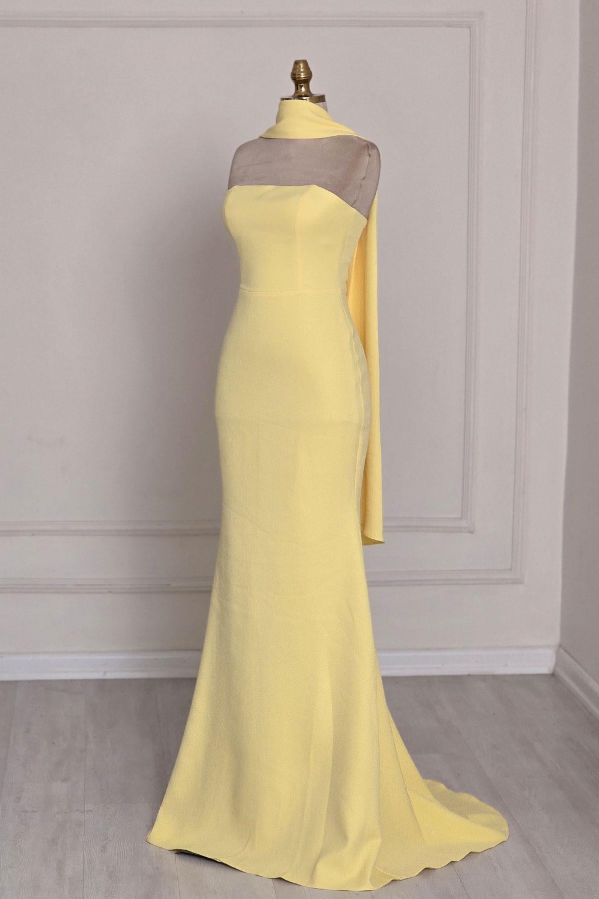 Sarı Krep Şallı Elbise 9818