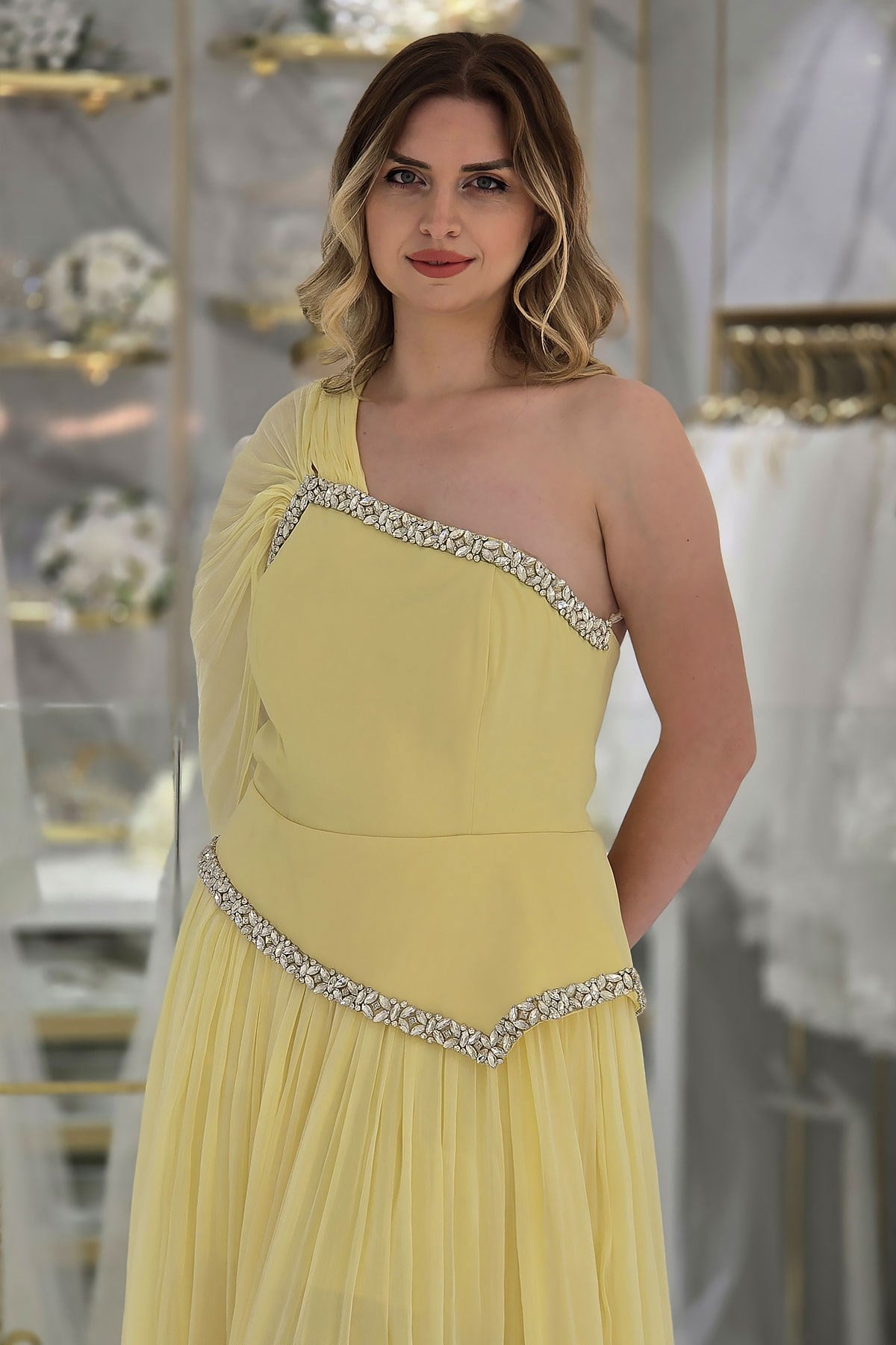 Sarı Tek Omuz Taşlı Abiye 6670