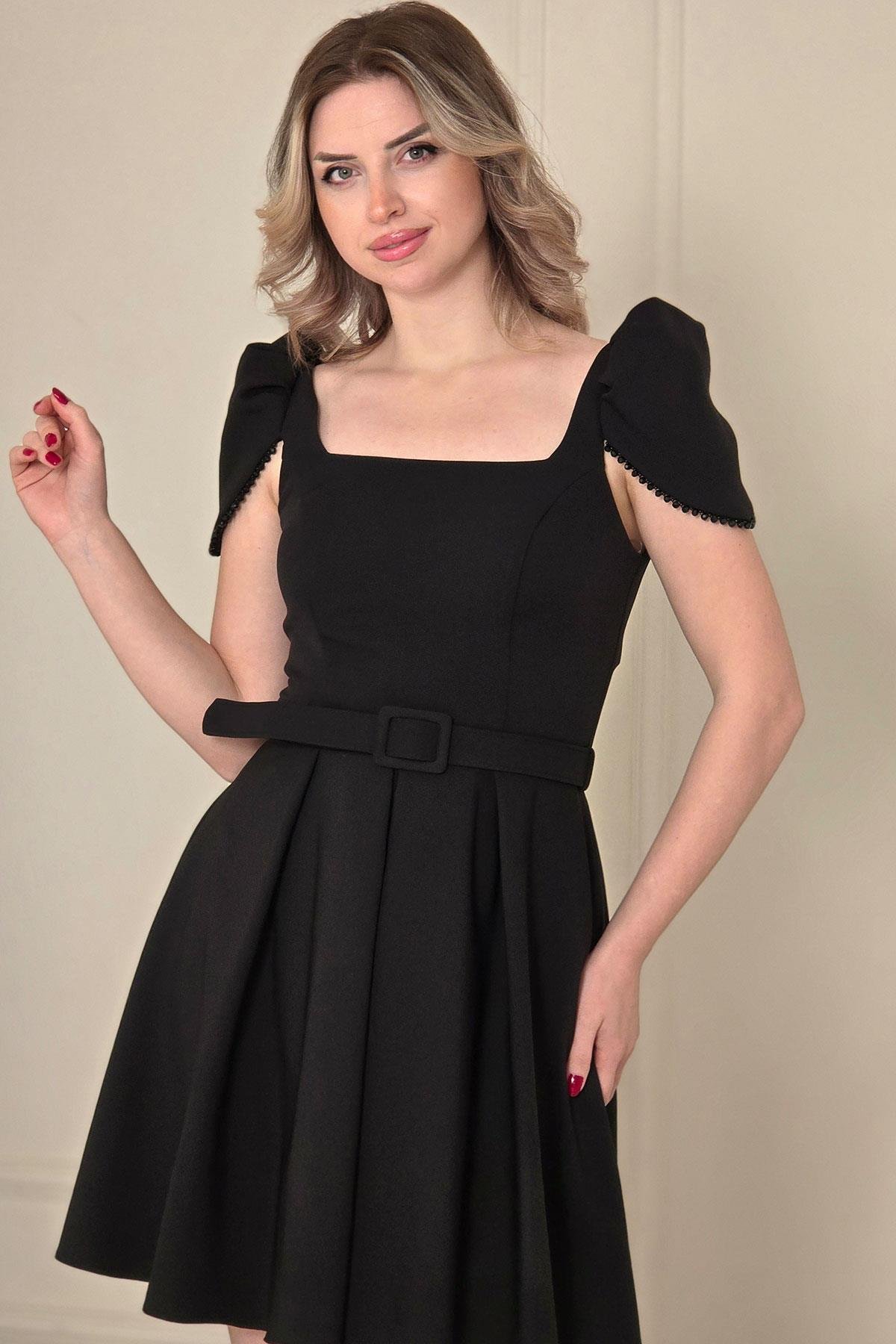 Siyah Apolet Kol Mini Elbise 4850