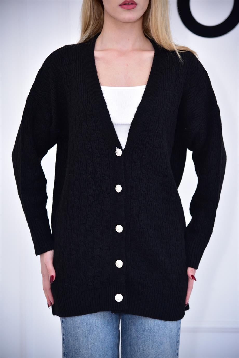 Siyah Düğmeli Uzun Oversize Hırka 23190