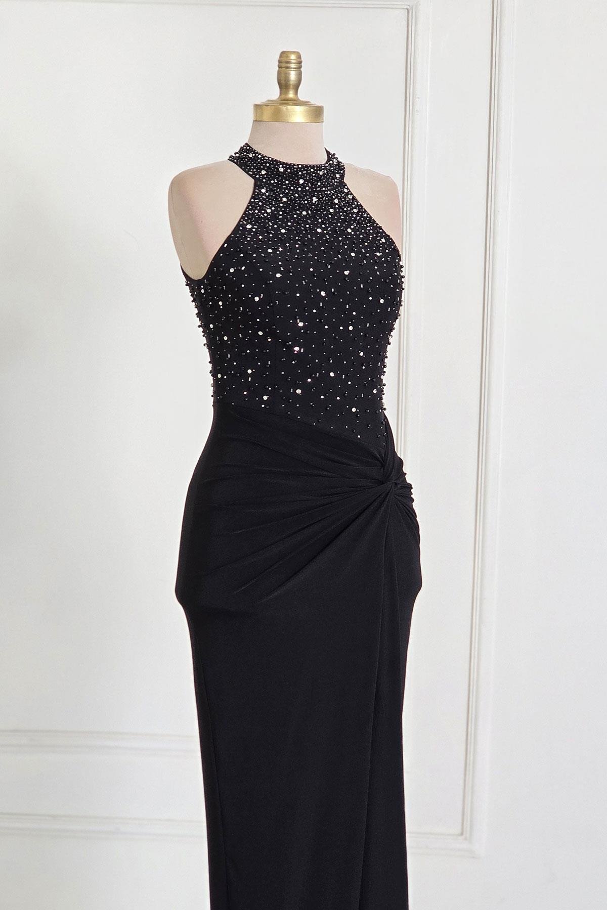 Siyah Halter Yaka İncili Abiye 5043
