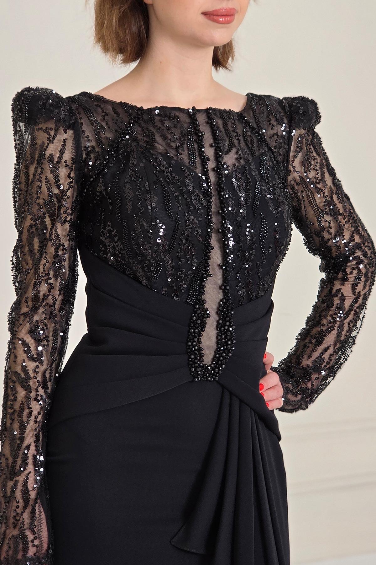 Siyah İşlemeli Uzun Kol Abiye 5230