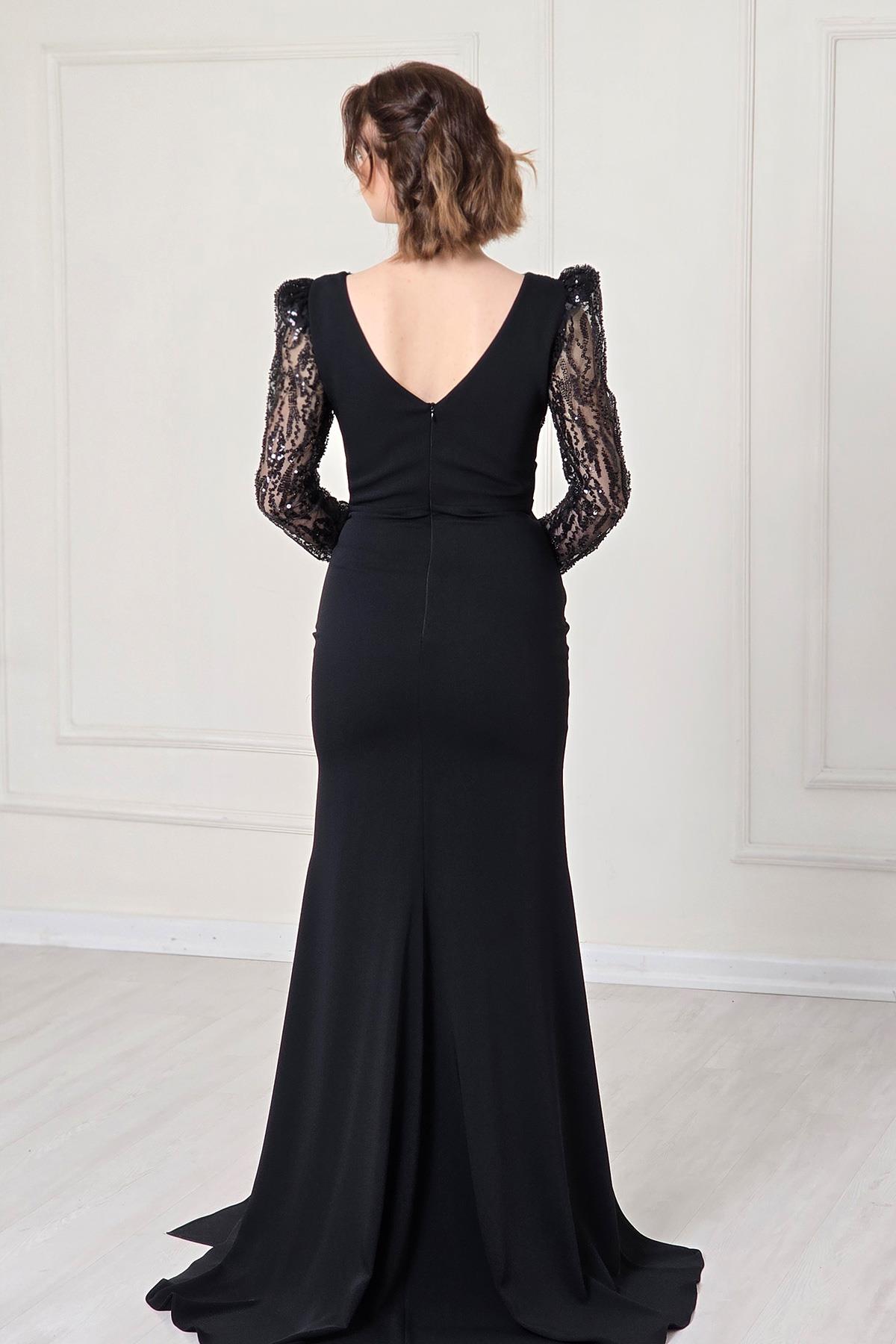 Siyah İşlemeli Uzun Kol Abiye 5230