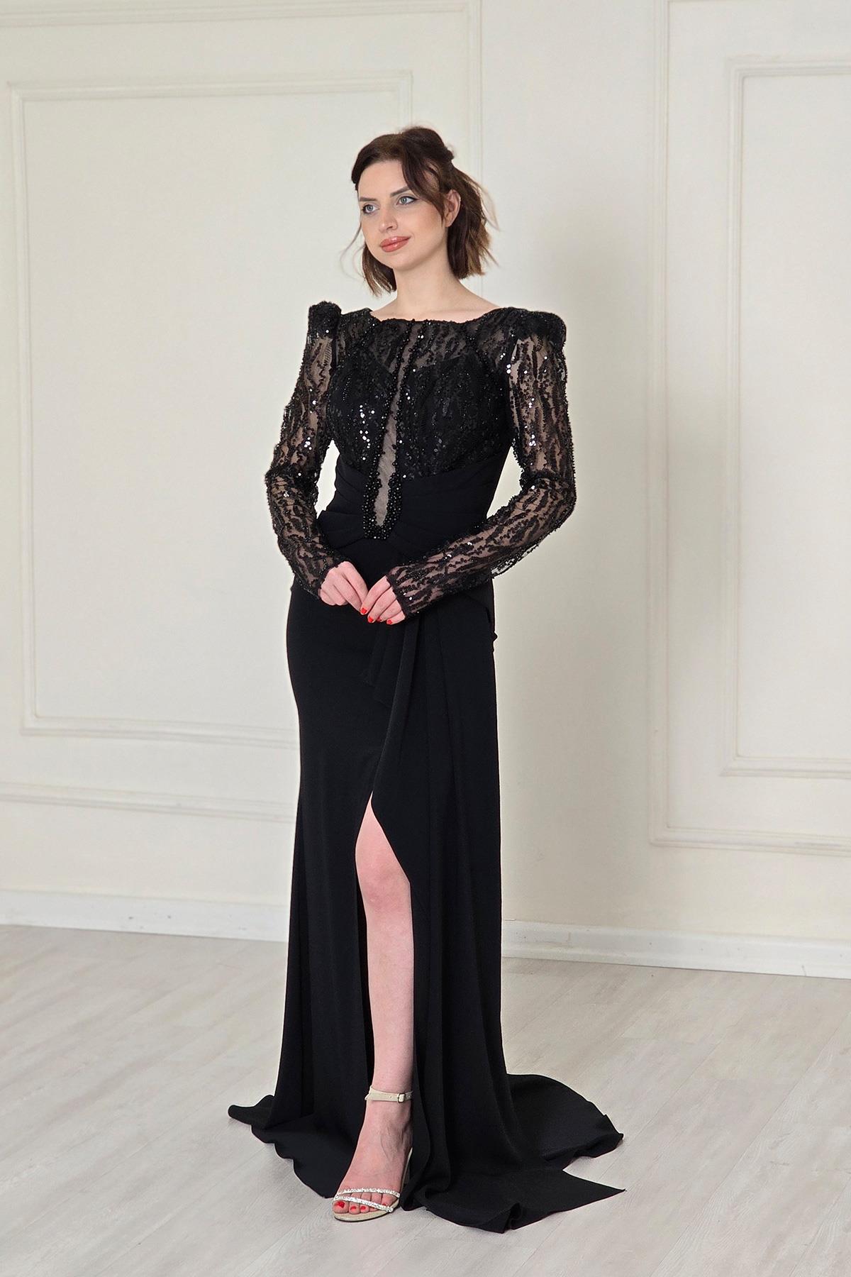 Siyah İşlemeli Uzun Kol Abiye 5230