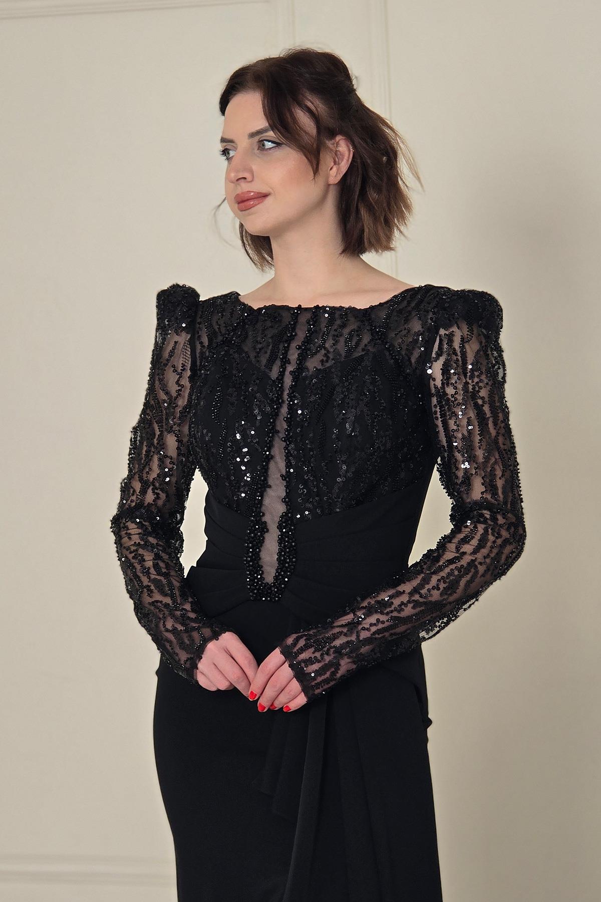 Siyah İşlemeli Uzun Kol Abiye 5230