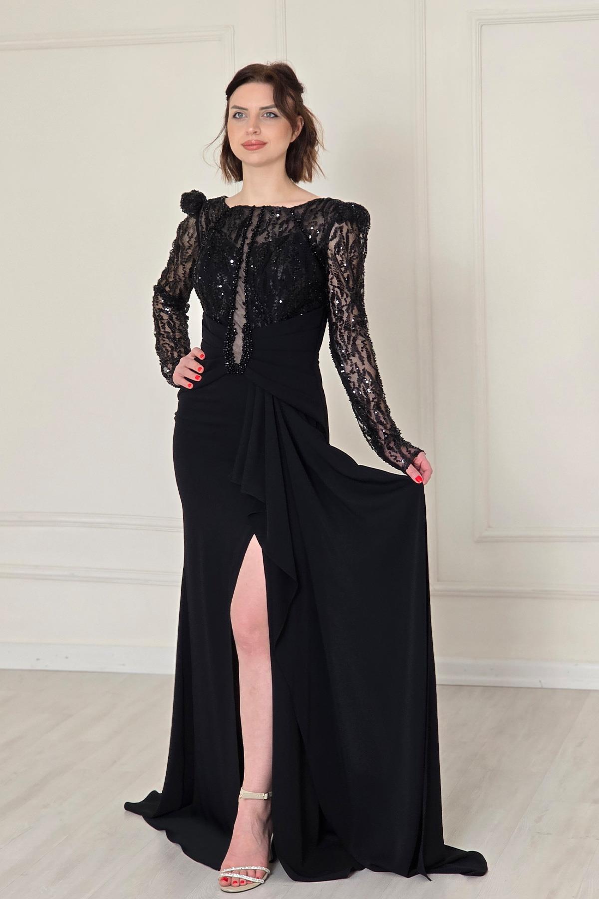 Siyah İşlemeli Uzun Kol Abiye 5230