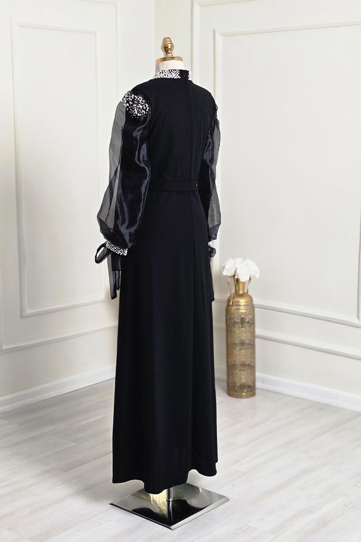 Siyah Kol Organze Boyun Taşlı Abiye 4635