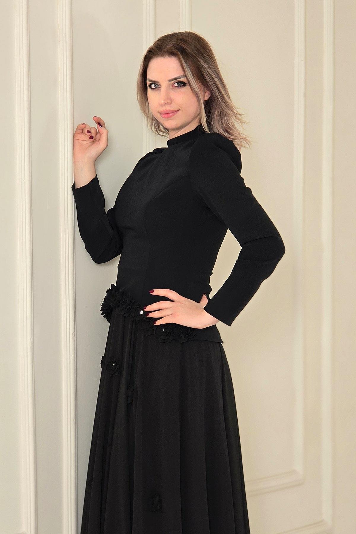 Siyah Krep Elbise 4527