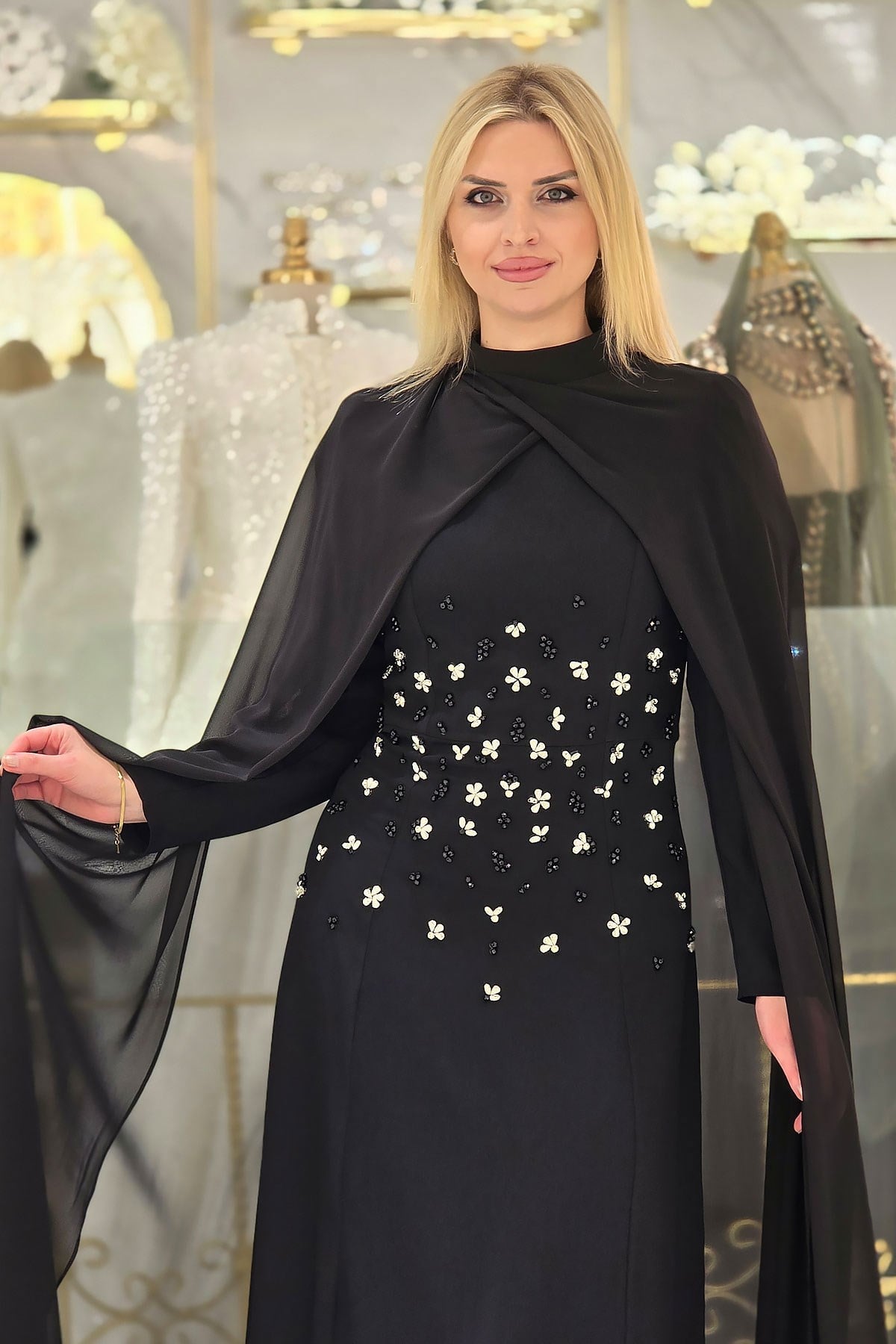 Siyah Krep Tesettür Abiye 4644