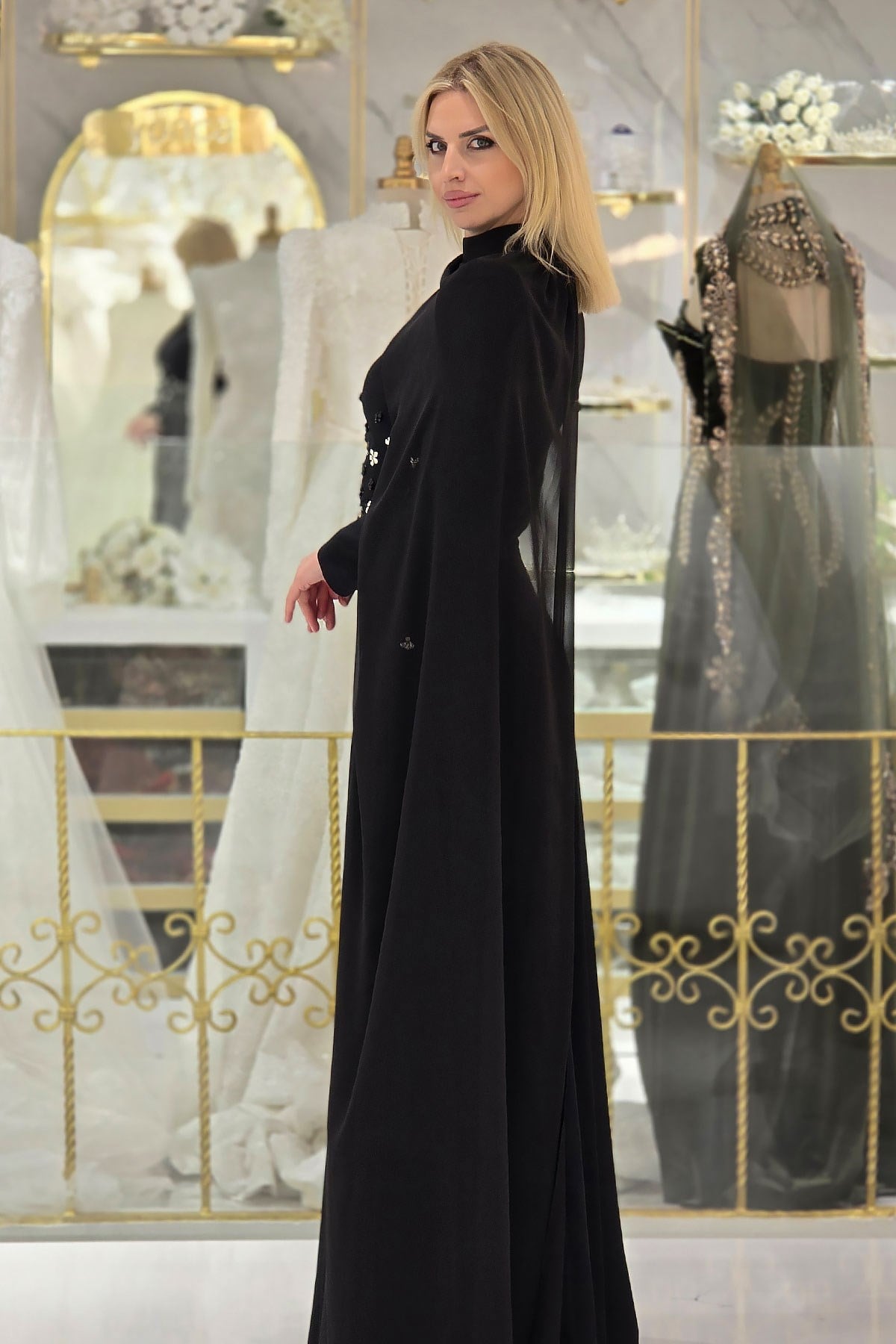 Siyah Krep Tesettür Abiye 4644