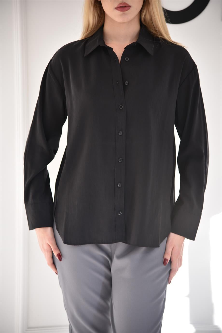 Siyah Oversize Düğmeli Gömlek 3005