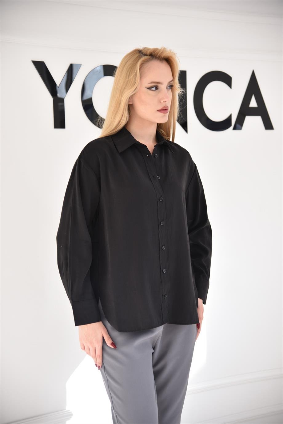 Siyah Oversize Düğmeli Gömlek 3005