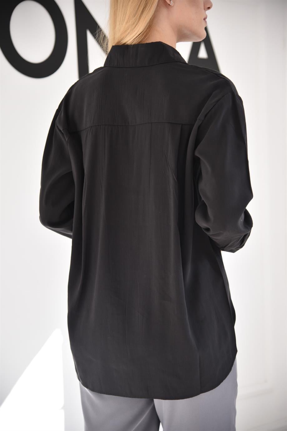 Siyah Oversize Düğmeli Gömlek 3005