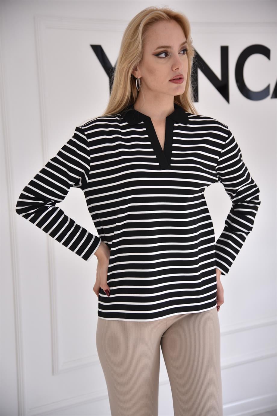 Siyah Polo Yaka Çizgili Sweat 3010