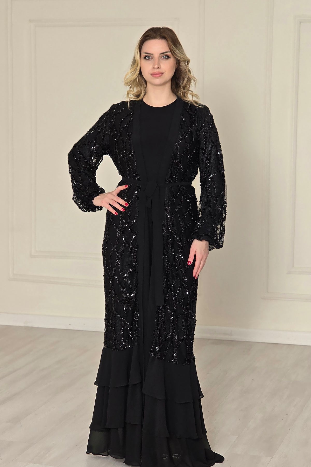 Siyah Pullu Abaya 4767
