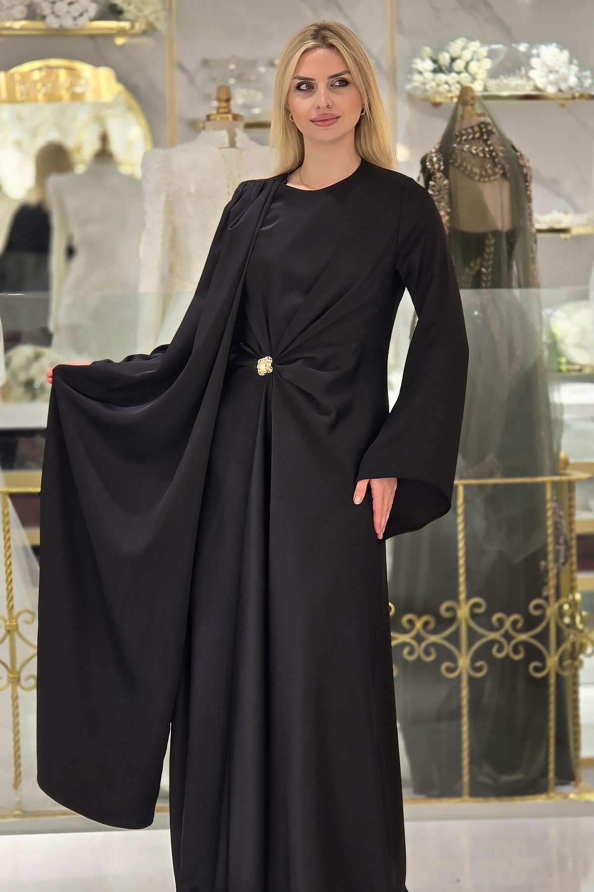 Siyah Saten Tesettür Elbise 5386