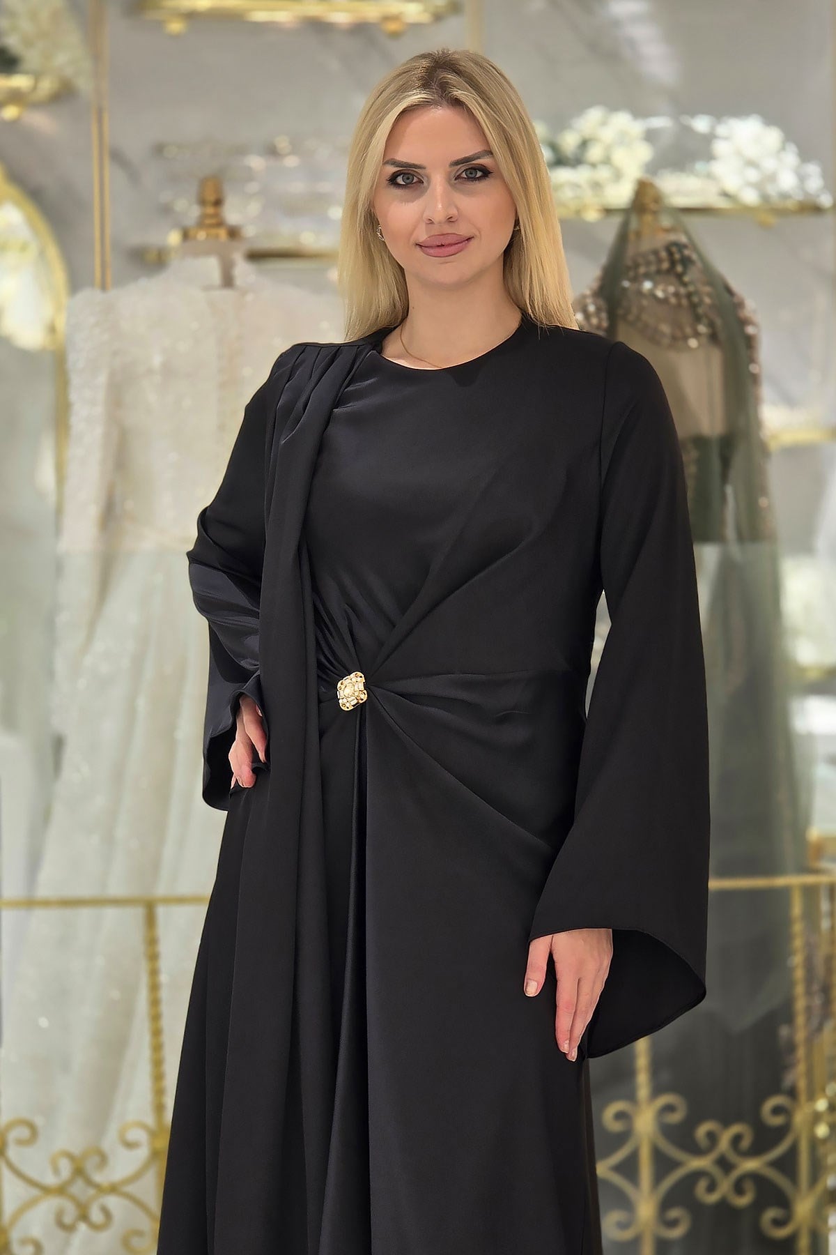 Siyah Saten Tesettür Elbise 5386